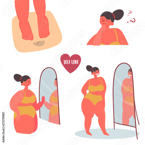 Self love. Plus size body positive woman in fron of the mirror after scales weghing. Fat acceptance, weight is not important, love yourself as is concept. Vector flat cartoon illustration