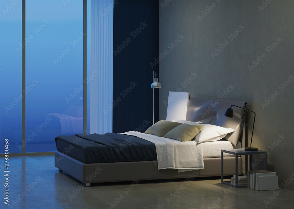 Fototapeta premium Modern house interior. Bedroom interior design. Evening lighting. 3D rendering.