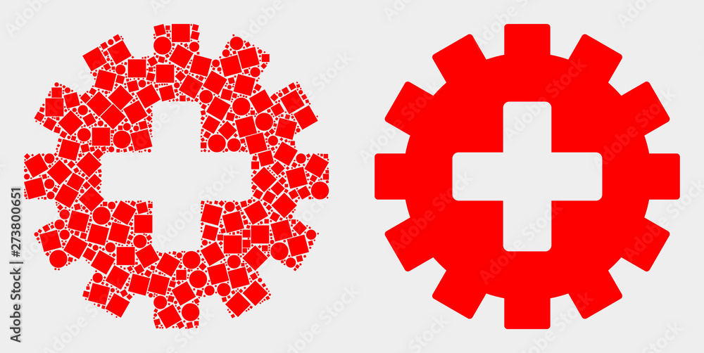 Fototapeta premium Dot and flat plus gear icons. Vector mosaic of plus gear combined of randomized square dots and round dots.