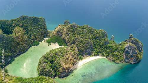 Fototapeta Naklejka Na Ścianę i Meble -  Aerial drone view of tropical Koh Hong island in blue clear Andaman sea water from above, beautiful archipelago islands and beaches of Krabi, Thailand