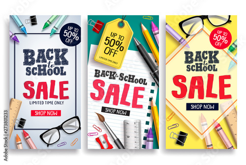 Back to school sale vector poster web template. Sale discount text and school items in colorful background for back to school promotions. Vector illustration.