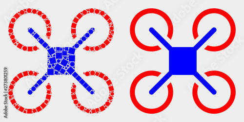 Dot and flat quadcopter icons. Vector mosaic of quadcopter created of scattered square pixels and round pixels.