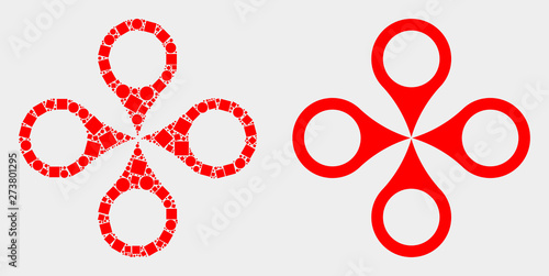 Pixel and flat quadrocopter icons. Vector mosaic of quadrocopter created of randomized square pixels and circle pixels.