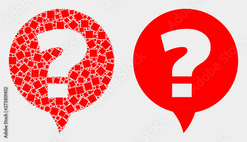 Pixel and flat question icons. Vector mosaic of question composed of scattered square elements and spheric elements.