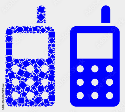 Dotted and flat radio transmitter icons. Vector mosaic of radio transmitter constructed of scattered square pixels and round pixels.