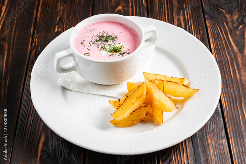 cold beetroot soup with baked potato