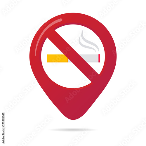 No smoking area marker map pin icon sign with flat design gradient styled cigarette in the prohibited forbidden red circle. Symbol of the no smoking area in the map apps isolated on white background