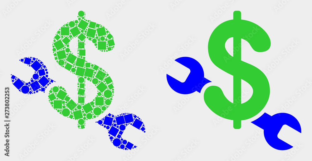 Dot and flat repair price icons. Vector mosaic of repair price formed of irregular square pixels and round pixels.