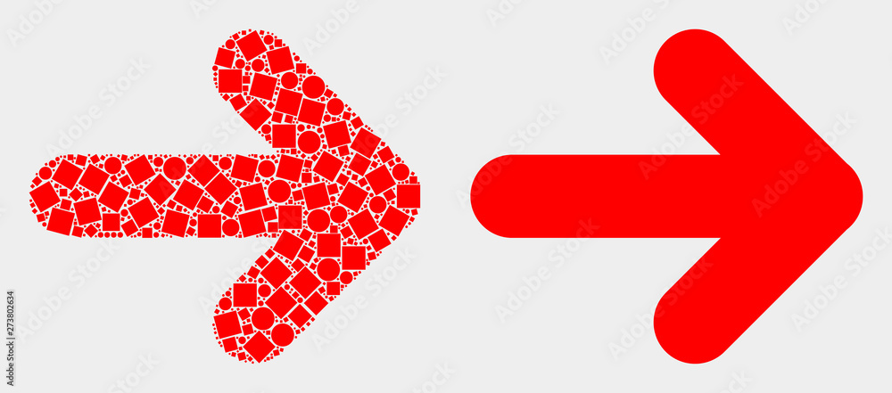 Pixel and flat right direction arrow icons. Vector mosaic of right direction arrow designed of irregular square particles and circle pixels. Pixel and flat right direction arrow icons. Vector mosaic of right direction arrow designed of irregular square particles and circle pixels.
