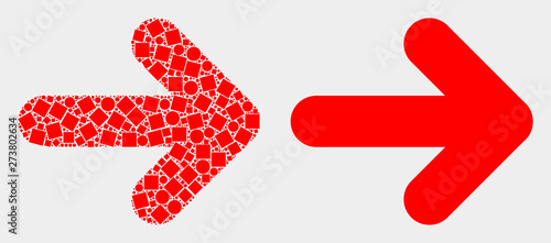 Pixel and flat right direction arrow icons. Vector mosaic of right direction arrow designed of irregular square particles and circle pixels.