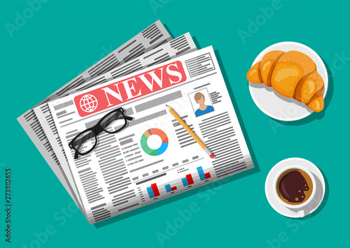 Newspaper with croissant, cup of coffee, pencil. Morning business elements, breakfast, coffeebreak. Pages with headlines, images, quotes, text and articles. Vector illustration flat style