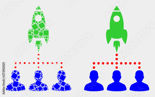 Dot and flat rocket startup group icons. Vector mosaic of rocket startup group composed of scattered square pixels and spheric pixels.