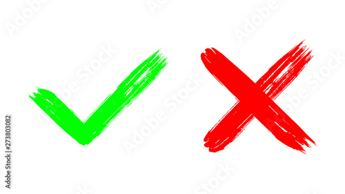 Two dirty grunge hand drawn with brush strokes cross x and tick OK check marks vector illustration isolated on white background. Check mark symbol NO and YES buttons for vote in check box, web, etc. 