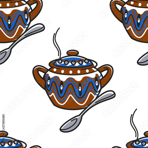 Saucepan with ornament and spoon Bulgarian clay pottery seamless pattern