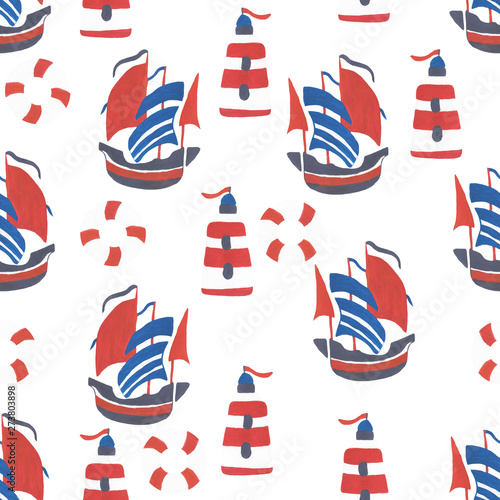 Seamless pattern on the marine theme, ship and lighthouse, in red and white colors. On white background for design or print. © Iryna Polieshko