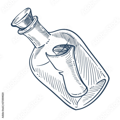 Bottle with cork and message marine symbol isolated sketch icon