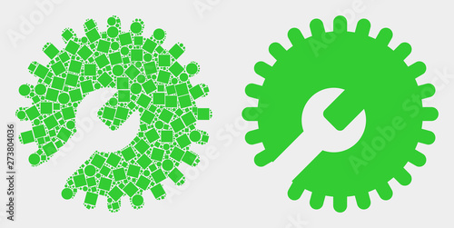 Pixel and flat settings gear icons. Vector mosaic of settings gear composed of irregular square dots and spheric dots.