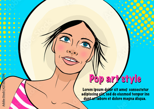Template advertising poster in the style of pop art. Bright vector illustration of a beautiful girl. Woman in beach hat dreaming...
