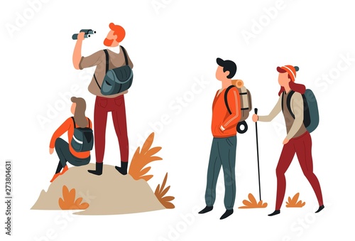 Hiking and trekking hikers couples backpacks and binoculars or stick