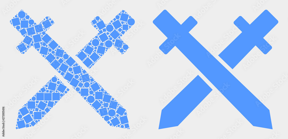 Obraz premium Dot and flat swords icons. Vector mosaic of swords designed of irregular small rectangles and circle points.