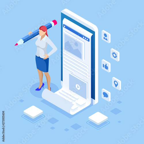 Woman and smartphone with fashion blogger site. Isometric freelancing, creative blogging, commercial blog posting, copywriting, content marketing strategy.