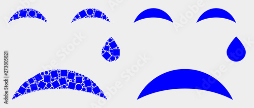 Dot and flat tear smiley icons. Vector mosaic of tear smiley created of random square pixels and round points.