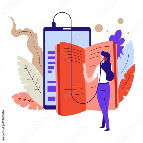 Textbook or literature audio book headphones or earphones and woman