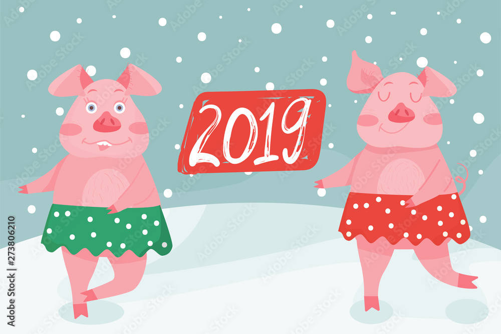 Fototapeta premium New Year greeting card with funny pigs. Cute pigs dance in skirts in the forest. Symbol of 2019 on the Chinese calendar. Vector illustration.
