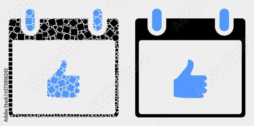 Dotted and flat thumb up calendar page icons. Vector mosaic of thumb up calendar page composed of scattered square pixels and spheric items.