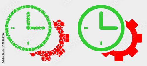 Dot and flat time settings gear icons. Vector mosaic of time settings gear organized of randomized square dots and spheric dots.