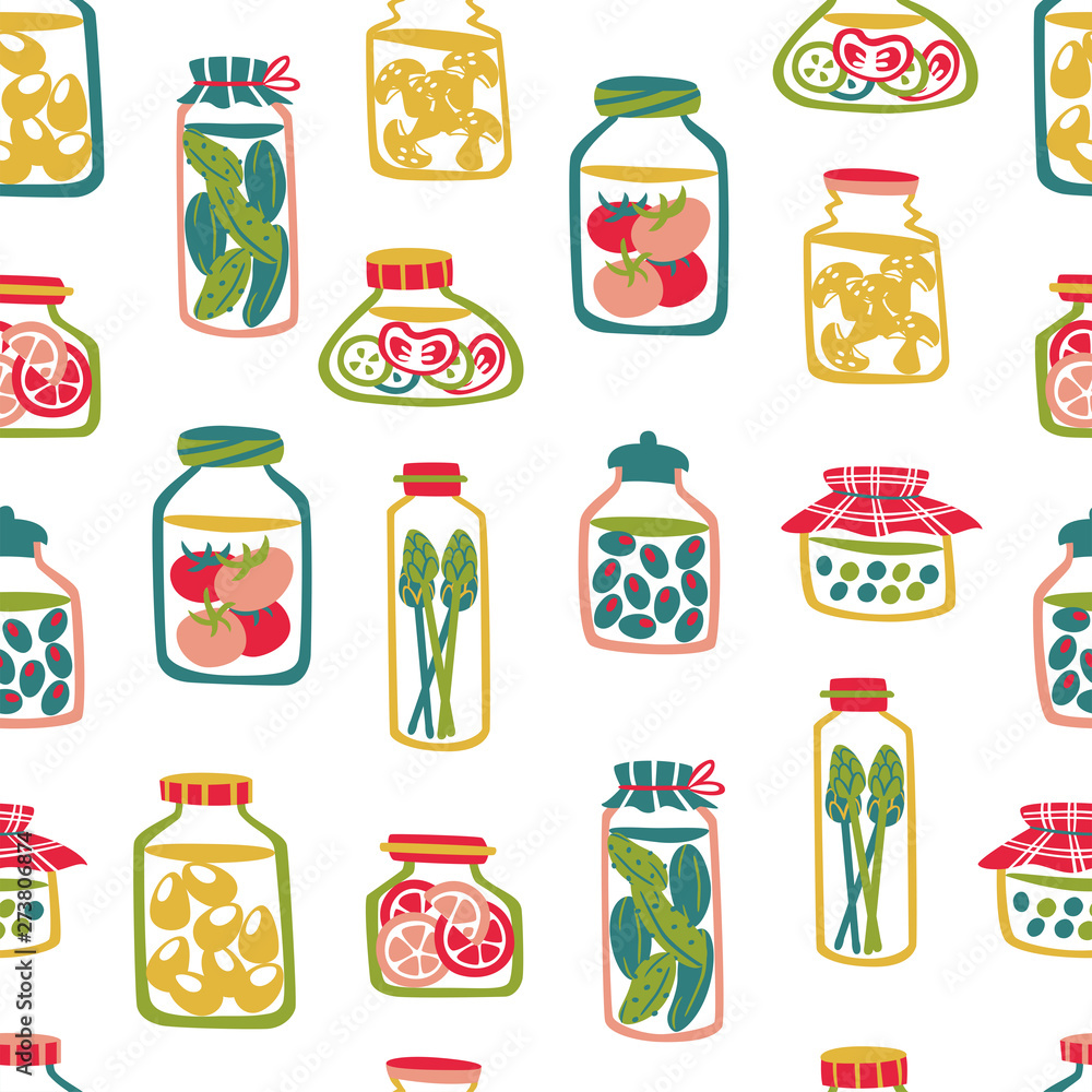 Seamless Pattern of Vegetables Canned in Jars. Hand Drawn Vector Illustration.