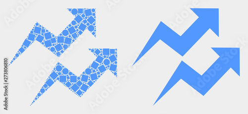 Pixel and flat trend arrows icons. Vector mosaic of trend arrows combined of irregular small squares and round items.