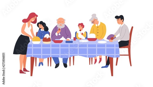 Family dinner festive meal table and dishes kitchen or dining room