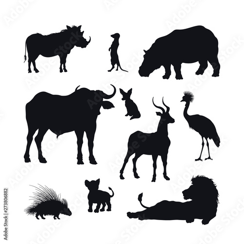 Black silhouette of african animals on white background. Isolated icon of lion, buffalo and gazelle. Wildlife of Africa. Savannah nature