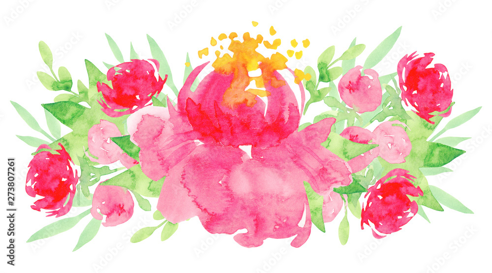 Fototapeta premium Watercolor illustration. Cute watercolor flowers. Peonies, leaves. Template for decor, greeting card, wedding, birthday.