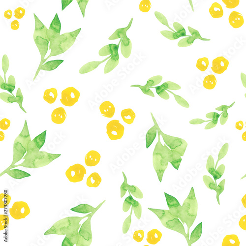 Botany watercolor painting illustration. Seamless pattern with watercolor leaves, berries. Template for paper, wallpaper, wrapping.