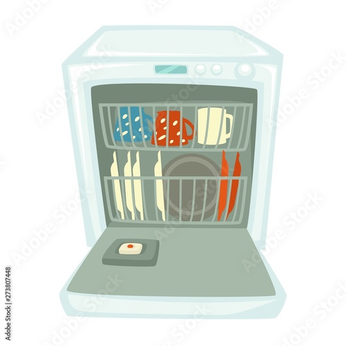 Dishwashing machine or dishwasher clean plates and cups isolated appliance