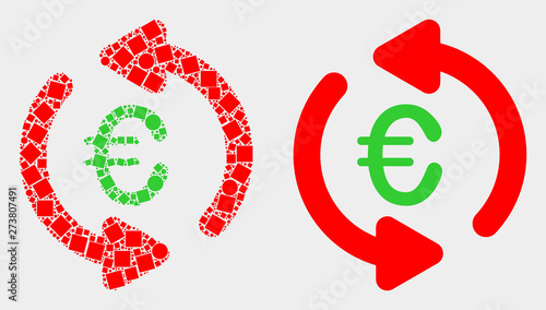 Pixel and flat update euro icons. Vector mosaic of update euro organized with scattered dots and round dots.