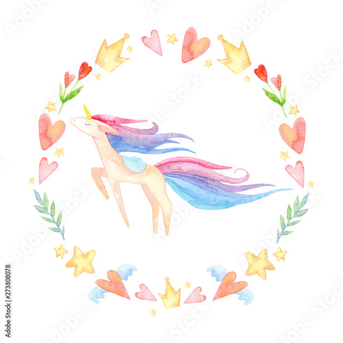 Cute unicorn horse. Fairytale children sweet dream. Circle frame, wreath with watercolor tender pink unicorn, hand drawn on a white background