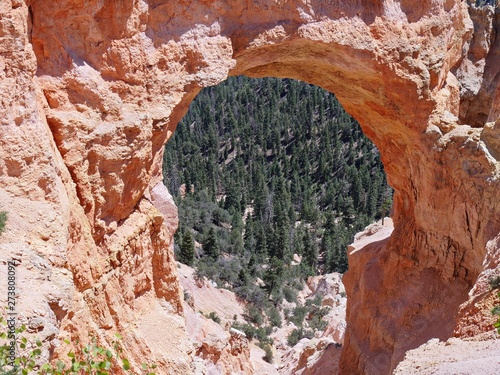 Arch opening under the Natural Bridge at Bryce Canyon National Park in Utah. 