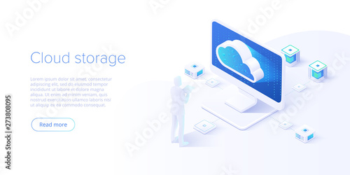 Cloud storage and pc download in isometric vector design. Computer service or app with data transfering. Online computing technology. Abstract server network connection.