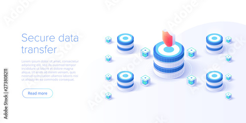 Network data security isometric vector illustration. Online server protection system concept with datacenter or blockchain. Secure bank transaction with password verification via internet.