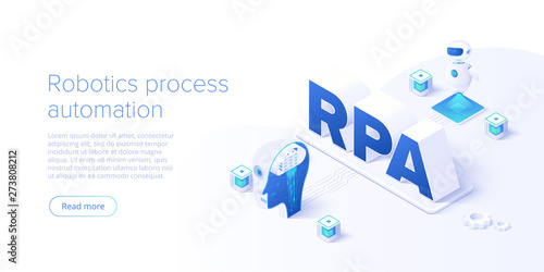 RPA concept in isometric vector illustration. Robotics process automation background with software robots and ai. Artificial intelligence web banner layout.