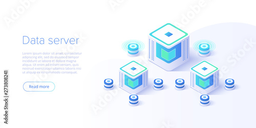 Hosting server isometric vector illustration. Abstract 3d datacenter or data center room background. Network mainframe infrastructure website header layout. Computer storage or farming workstation.
