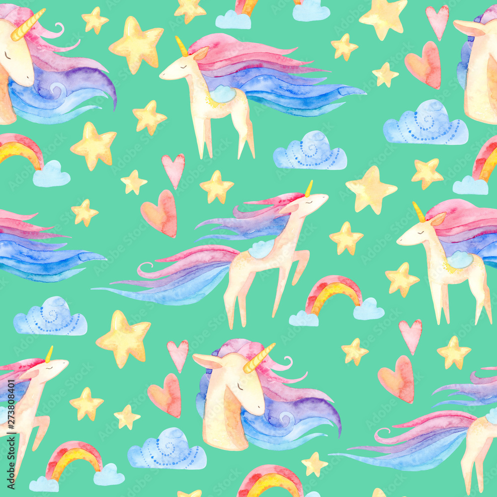 Obraz premium watercolor seamless pattern. cute childish illustration. fabulous rainbow character. Cartoon unicorn, cloud, star, heart. perfect for prints, greetings, invitations, wrapping paper, textile