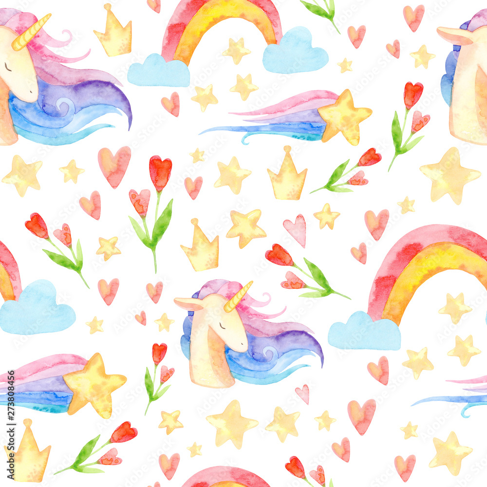Obraz premium watercolor seamless pattern. cute childish illustration. fabulous rainbow character. Cartoon unicorn, cloud, star, heart. perfect for prints, greetings, invitations, wrapping paper, textile