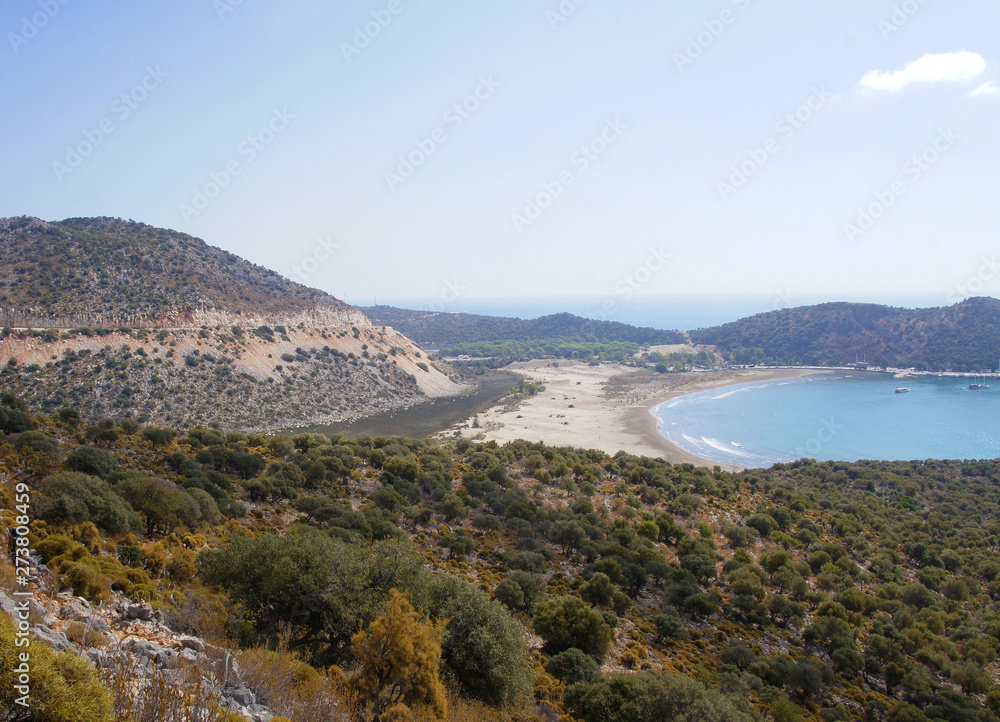 Obraz premium Beautiful summer seascape. Mountain coast of the blue sea. Rocks and forest near the ocean coast.