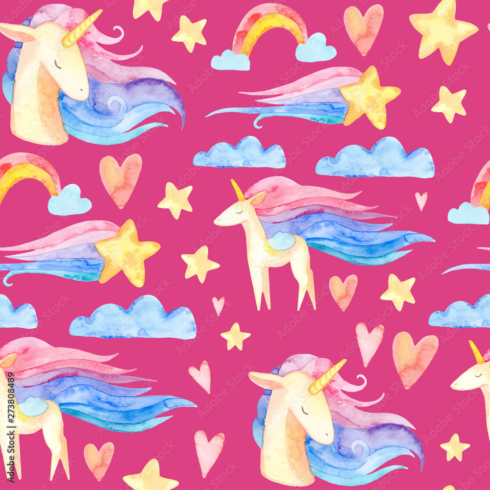 Obraz premium watercolor seamless pattern. cute childish illustration. fabulous rainbow character. Cartoon unicorn, cloud, star, heart. perfect for prints, greetings, invitations, wrapping paper, textile