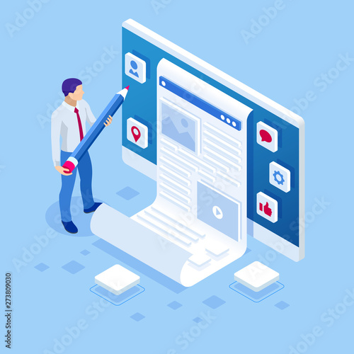 Man and laptop with fashion blogger site. Isometric freelancing, creative blogging, commercial blog posting, copywriting, content marketing strategy.