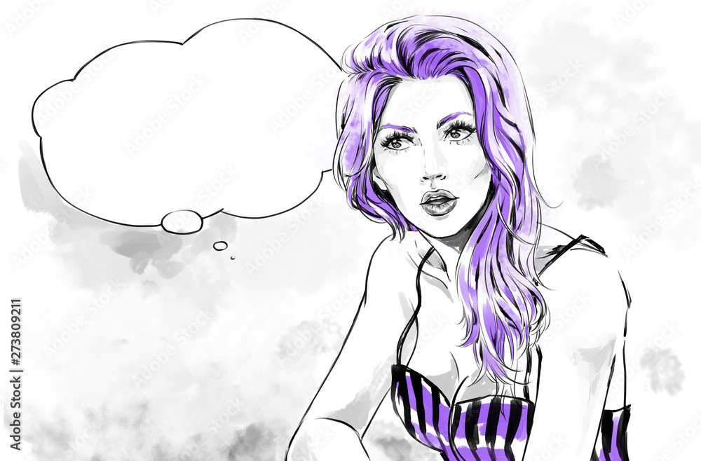 Fashion illustration, portrait of woman looking at side with text balloon Fashion illustration, portrait of woman looking at side with text balloon